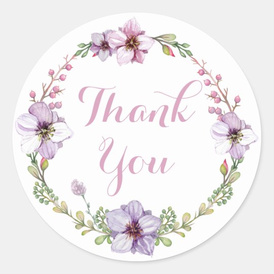 Purple Lavender Thank You Watercolor Floral Wreath Classic Round ...