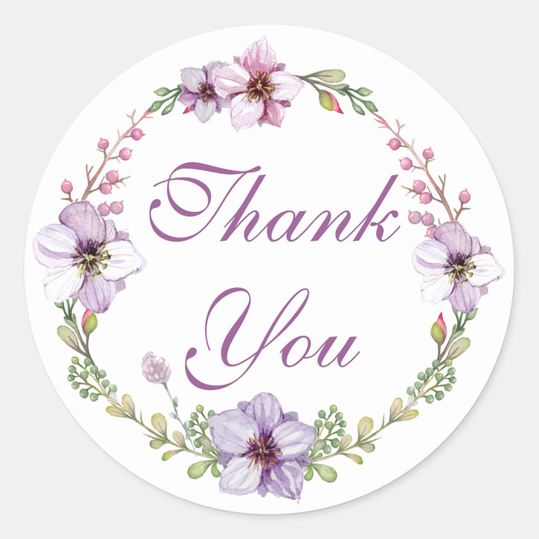 Purple Lavender Thank You Watercolor Floral Wreath Classic Round ...