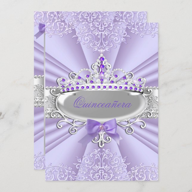Purple Lavender Tiara Damask Quinceanera Party Invitation (Front/Back)