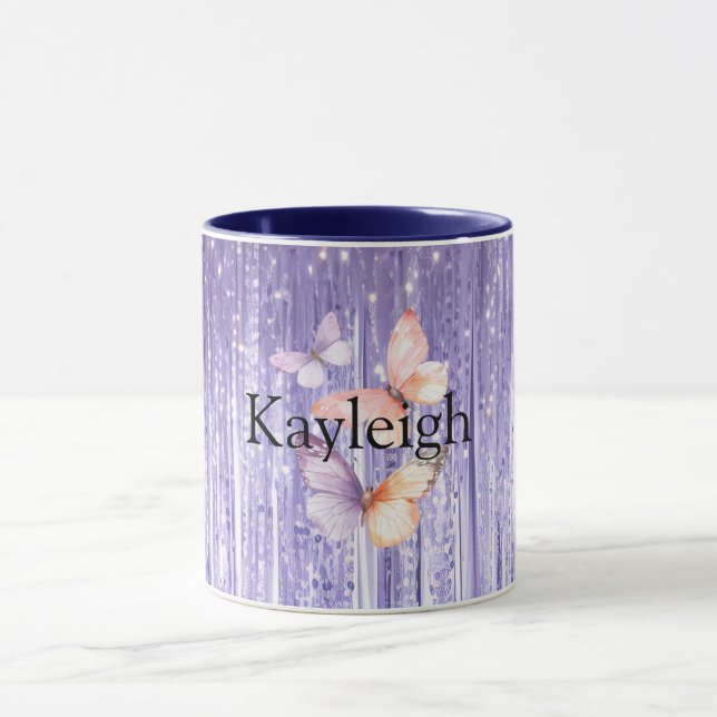 Purple Lavender Tinsel Stripes Peach Butterflies Mug (Center)
