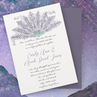 Purple Lavender Vintage Feather Fan Wedding Invitation