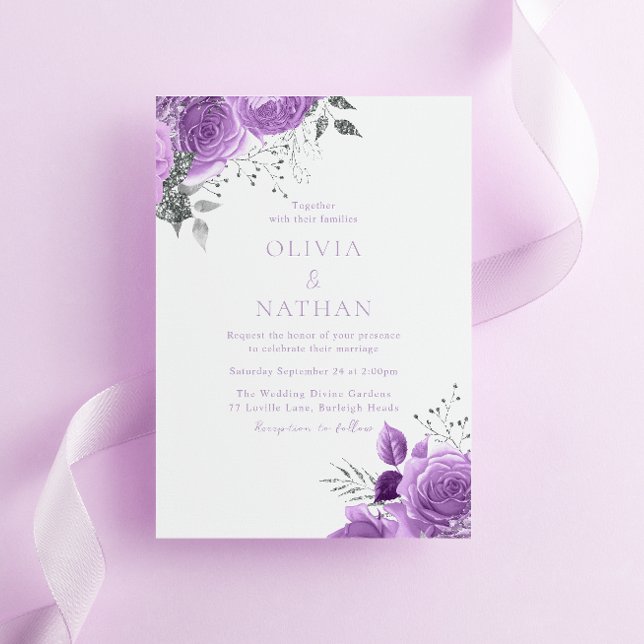 Purple Lavender Vintage Rose Elegant Wedding Invitation (Creator Uploaded)