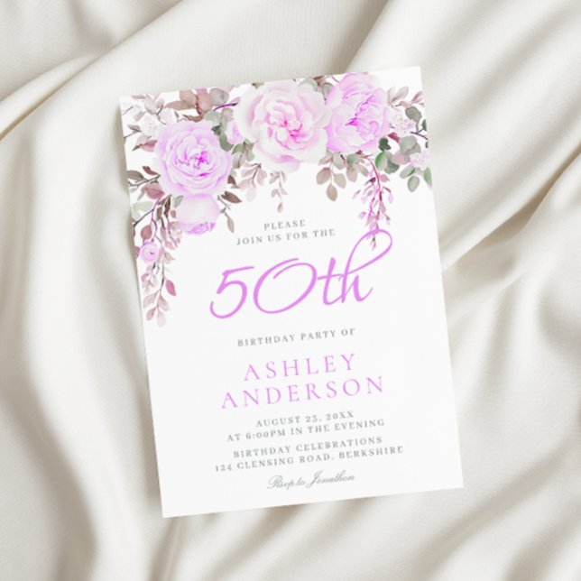 Purple Lavender Violet Floral 50th Birthday Party Invitation (Creator Uploaded)