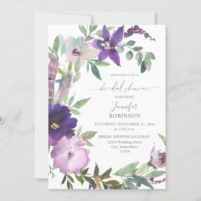 Purple- Lavender & Violet Floral Bridal Shower Invitation (Front)