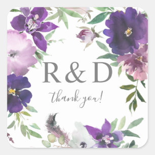 Purple Lavender & Violet Floral Monogram - Square Sticker