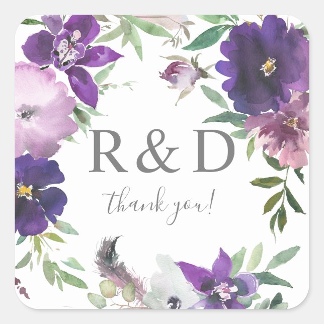 Purple Lavender & Violet Floral Monogram -  Square Sticker (Front)