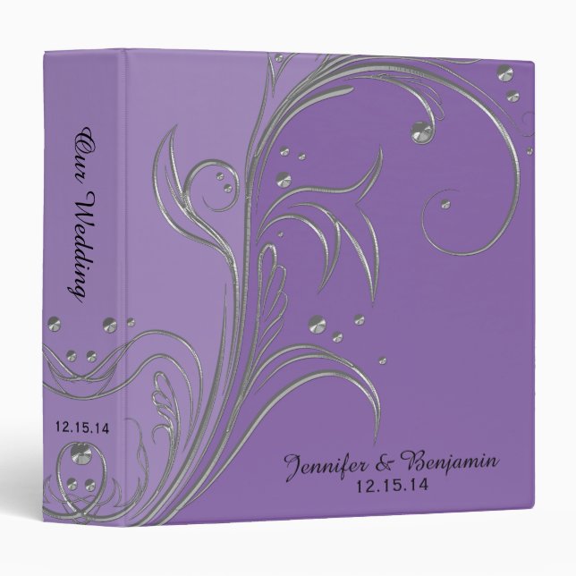Purple Lavender Violet Silver Floral Scrolls Album 3 Ring Binder (Front/Spine)