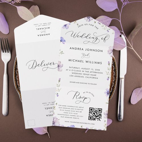 Purple Lavender Violet Wildflowers QR Code Wedding All In One Invitation