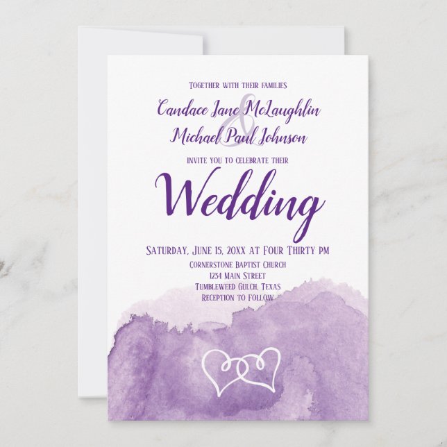 Purple Lavender Watercolor Double Hearts Wedding Invitation (Front)
