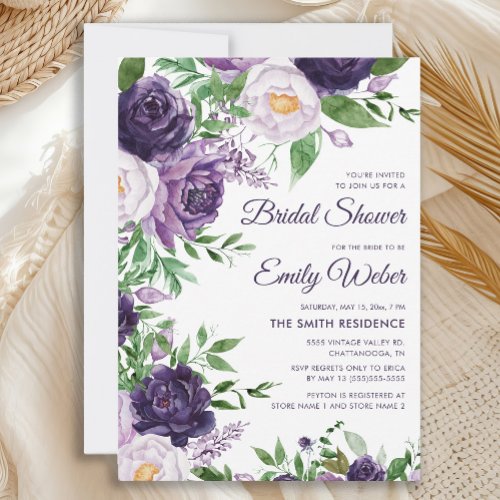 Purple Lavender Watercolor Floral Bridal Shower Invitation