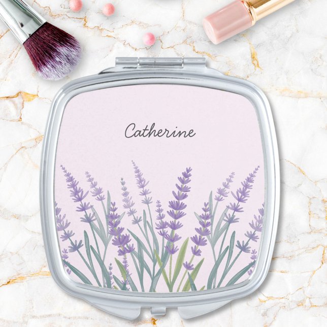 Purple Lavender Watercolor Floral Compact Mirror (In situ)