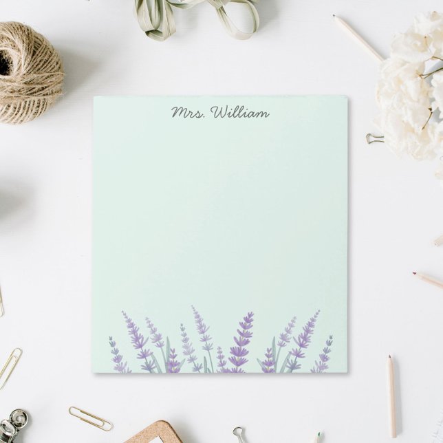 Purple Lavender Watercolor Floral Notepad (In situ On desk)
