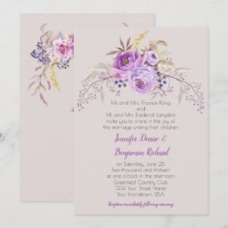 Purple Lavender Watercolor Floral Roses Wedding Invitation