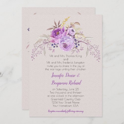 Purple Lavender Watercolor Floral Roses Wedding Invitation