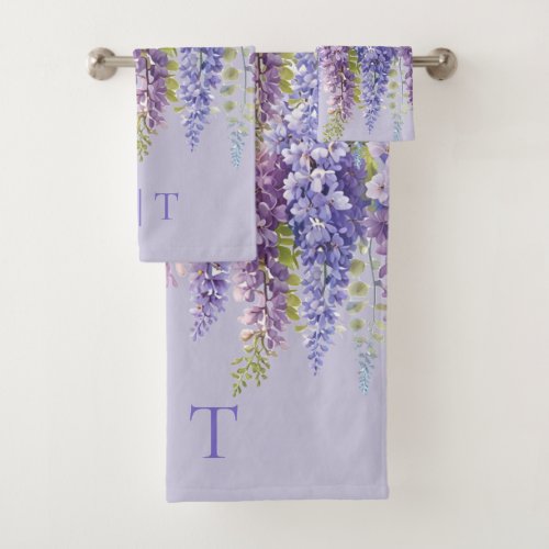 Purple lavender watercolor floral wisteria lilac  bath towel set