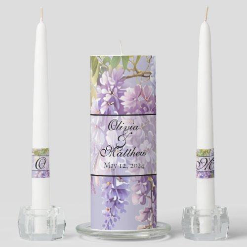 Purple lavender watercolor floral wisteria lilac  unity candle set
