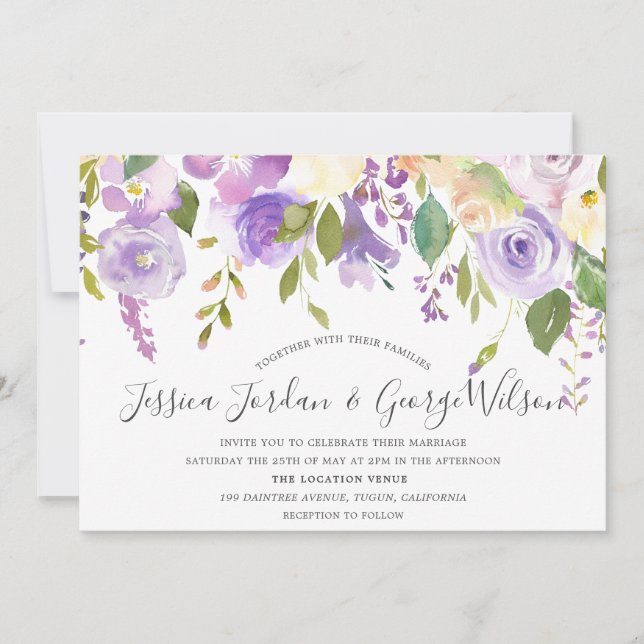 Purple Lavender Watercolor Flowers Wedding Invite (Front)