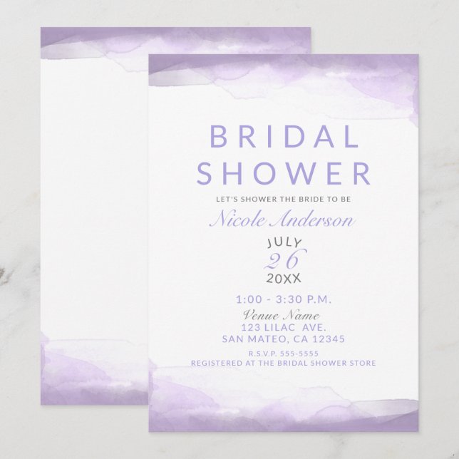 Purple Lavender Watercolor Modern Bridal Shower Invitation (Front/Back)