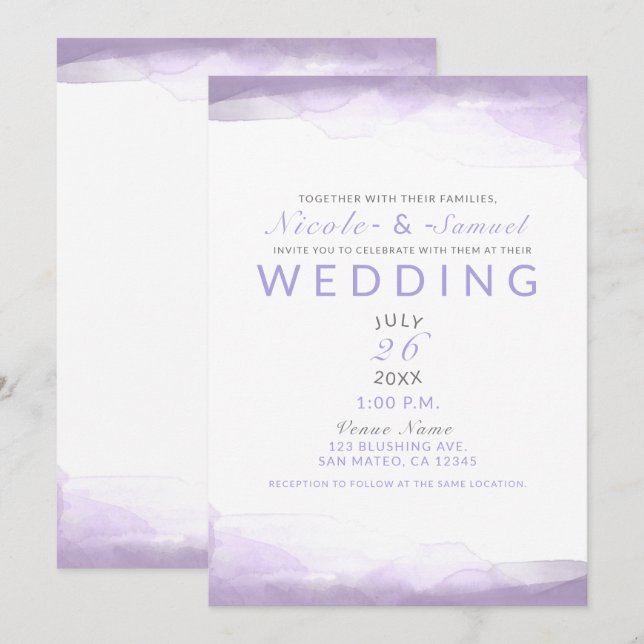 Purple Lavender Watercolor Modern Chic Wedding Invitation (Front/Back)