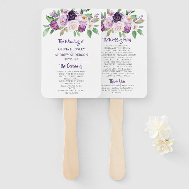 Purple & Lavender Watercolor Roses Wedding Hand Fan (Front and Back)