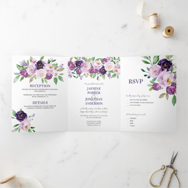 Purple & Lavender Watercolor Roses Wedding | Tri-Fold Invitation (Inside)