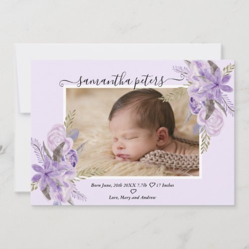 Purple lavender watercolor upload photo baby birth announcement