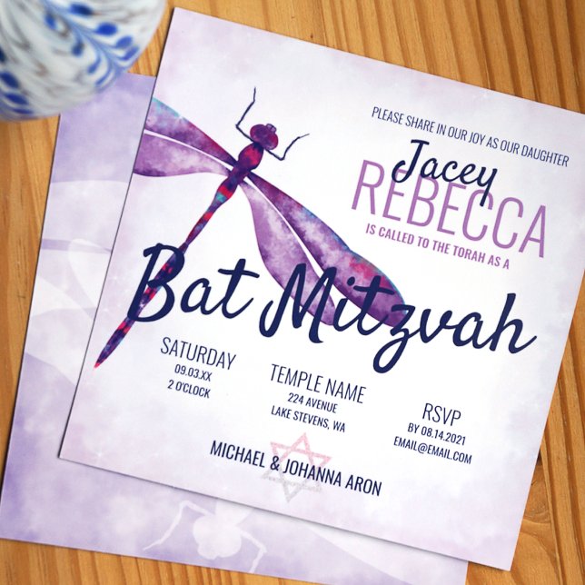 Purple, Lavender Whimsical Dragonfly Bat Mitzvah Invitation (Popular purple cute bat mitzvah invitation purple and navy blue theme colors)