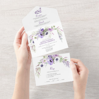 Purple Lavender & White Anemones Floral |  All In One Invitation