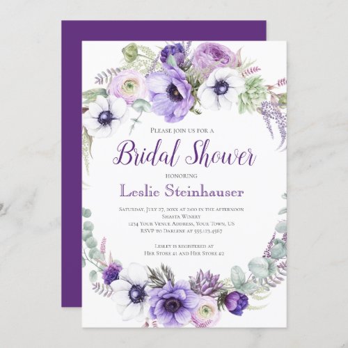 Purple Lavender White Floral Bridal Shower  Invitation