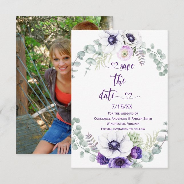 Purple Lavender White Floral Photo Save the Date (Front/Back)