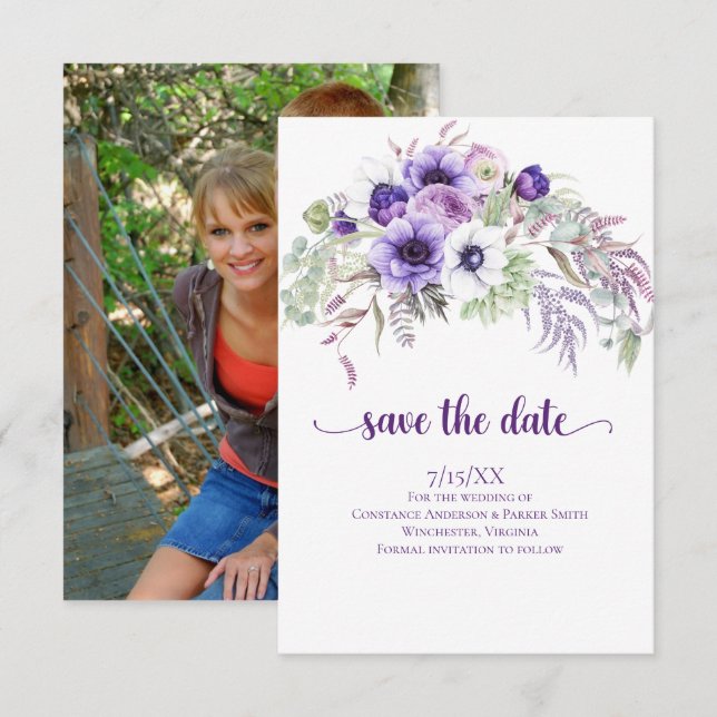 Purple Lavender White Floral Photo Save the Date (Front/Back)