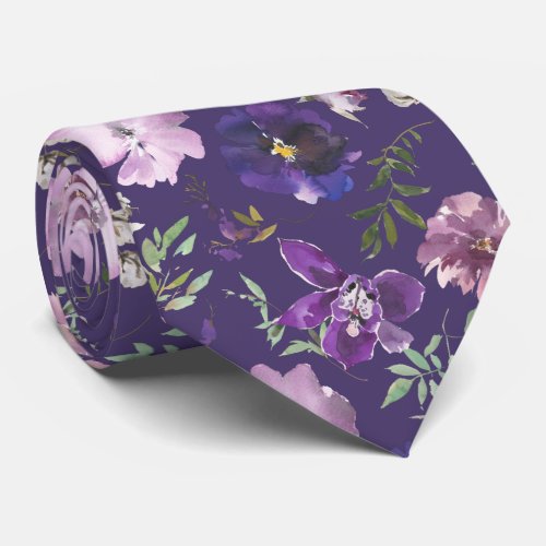 Purple Lavender White Floral Watercolor Flowers Ne Neck Tie