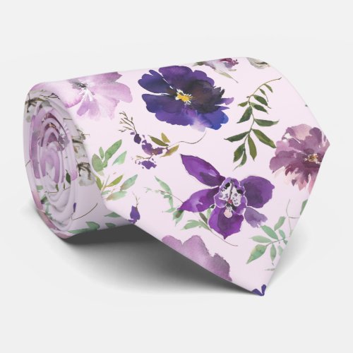 Purple Lavender White Floral Watercolor Flowers Ne Neck Tie