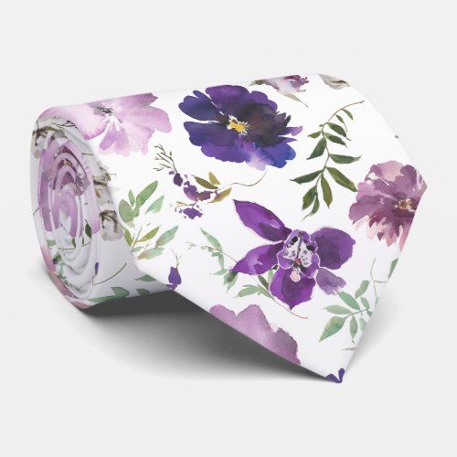 Purple Lavender White Floral Watercolor Flowers Neck Tie