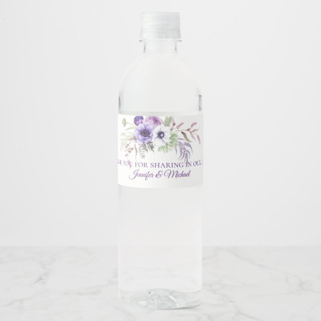 Purple Lavender White Floral Wedding Favors | Water Bottle Label (Front)