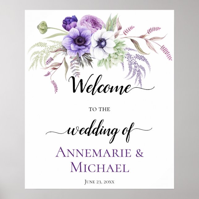 Purple Lavender White Floral Wedding Sign (Front)