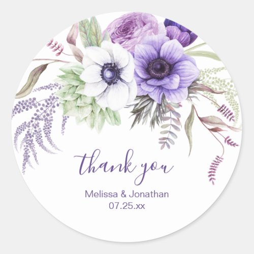 Purple Lavender White Floral Wedding Thank You Classic Round Sticker