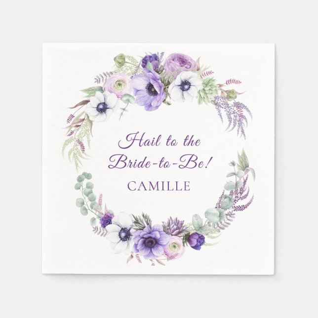 Purple Lavender White Floral Wreath Bridal Shower Napkins (Front)