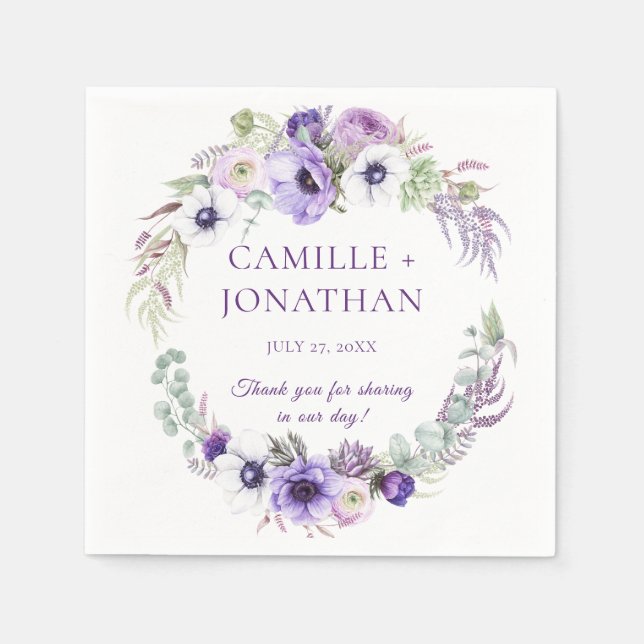 Purple Lavender White Floral Wreath Reception | Napkins (Front)