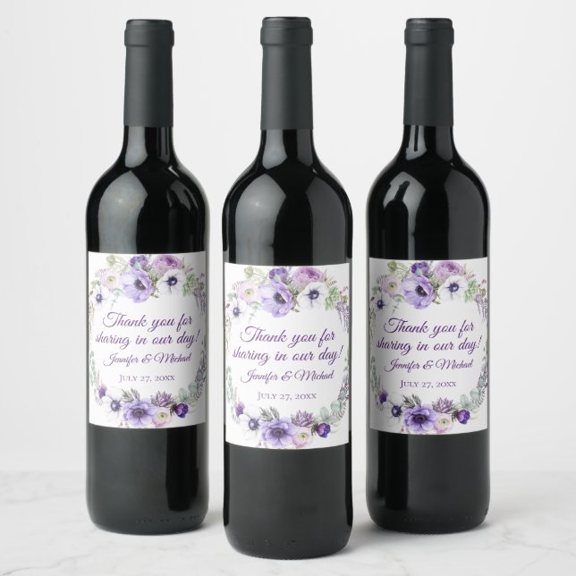 Purple Lavender White Floral Wreath Wedding | Wine Label (Bottles)