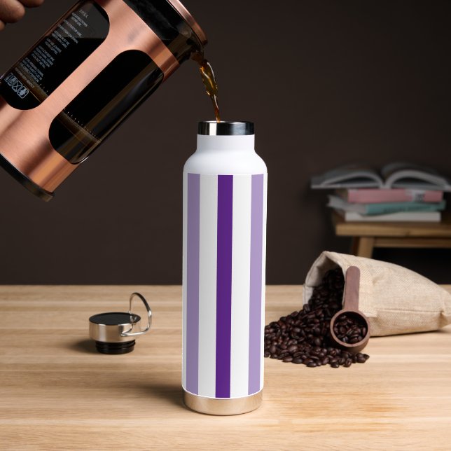 Purple Lavender White Vertical Cabana Stripes Water Bottle (Coffee (Rotated))