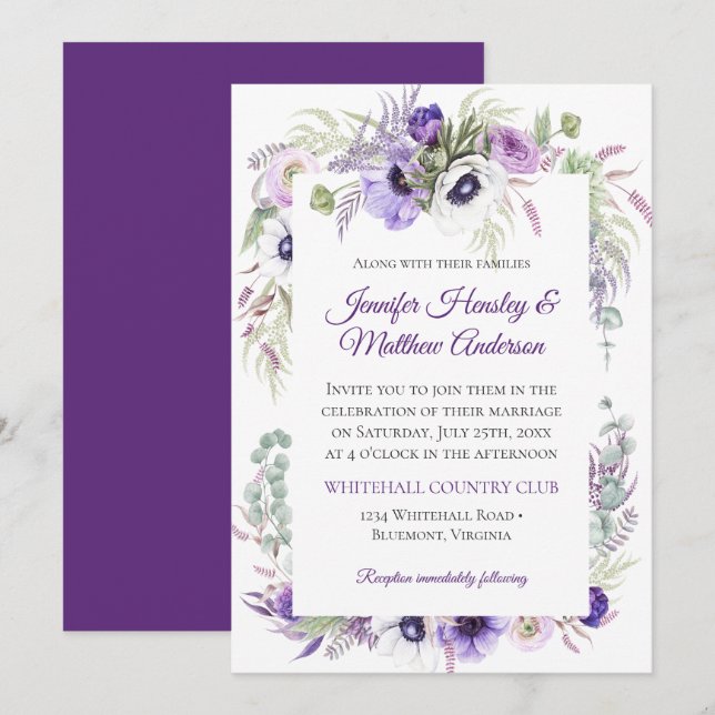 Purple Lavender White Watercolor Floral Wedding | Invitation (Front/Back)