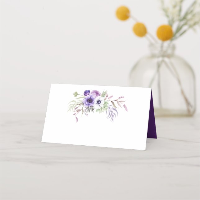 Purple Lavender White Watercolor Flowers Place Card (Front)