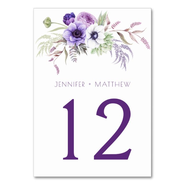 Purple Lavender White Watercolor Flowers | Table Number (Front)