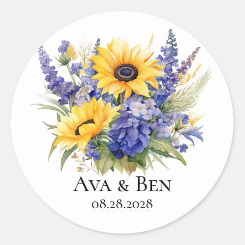 Purple Lavender with Sunflowers Wedding Classic Round Sticker