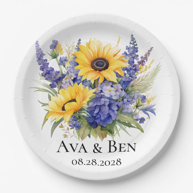 Purple Lavender with Sunflowers Wedding Paper Plates (Front)