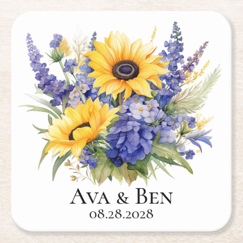 Purple Lavender with Sunflowers Wedding Square Paper Coaster