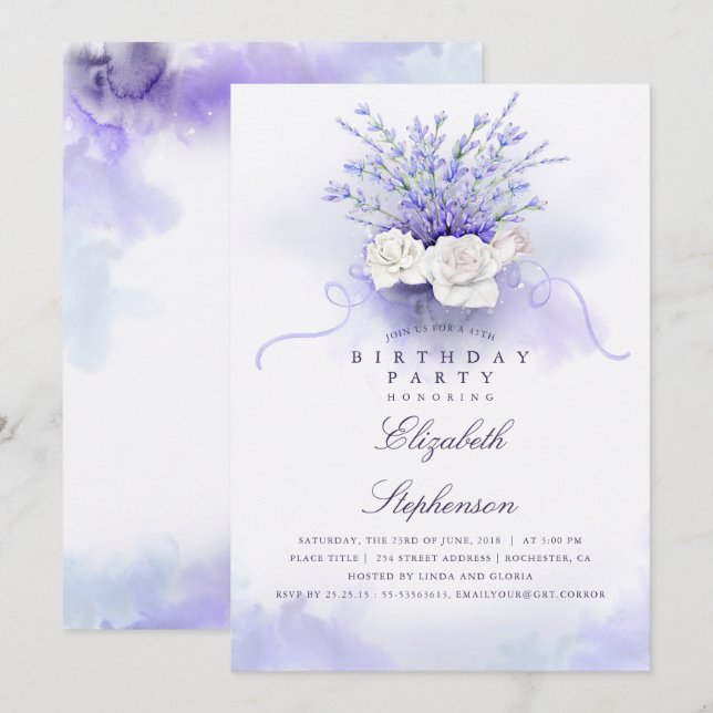 Purple Lavenders Elegant Floral Birthday Party Invitation (Front/Back)