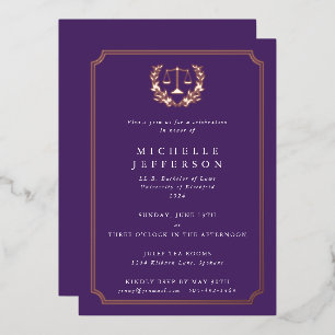 Purple Law School Graduation Party Foil Invitation