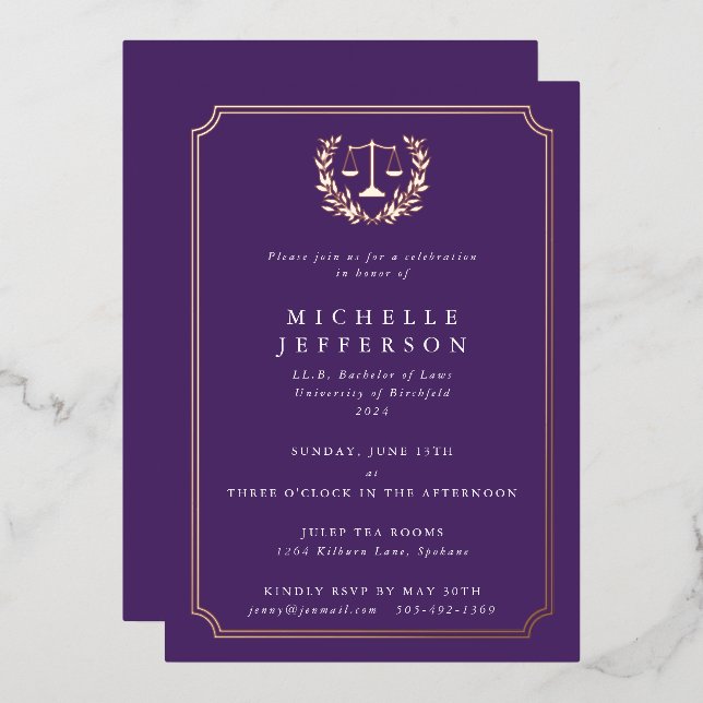 Purple Law School Graduation Party Foil Invitation (Front/Back)
